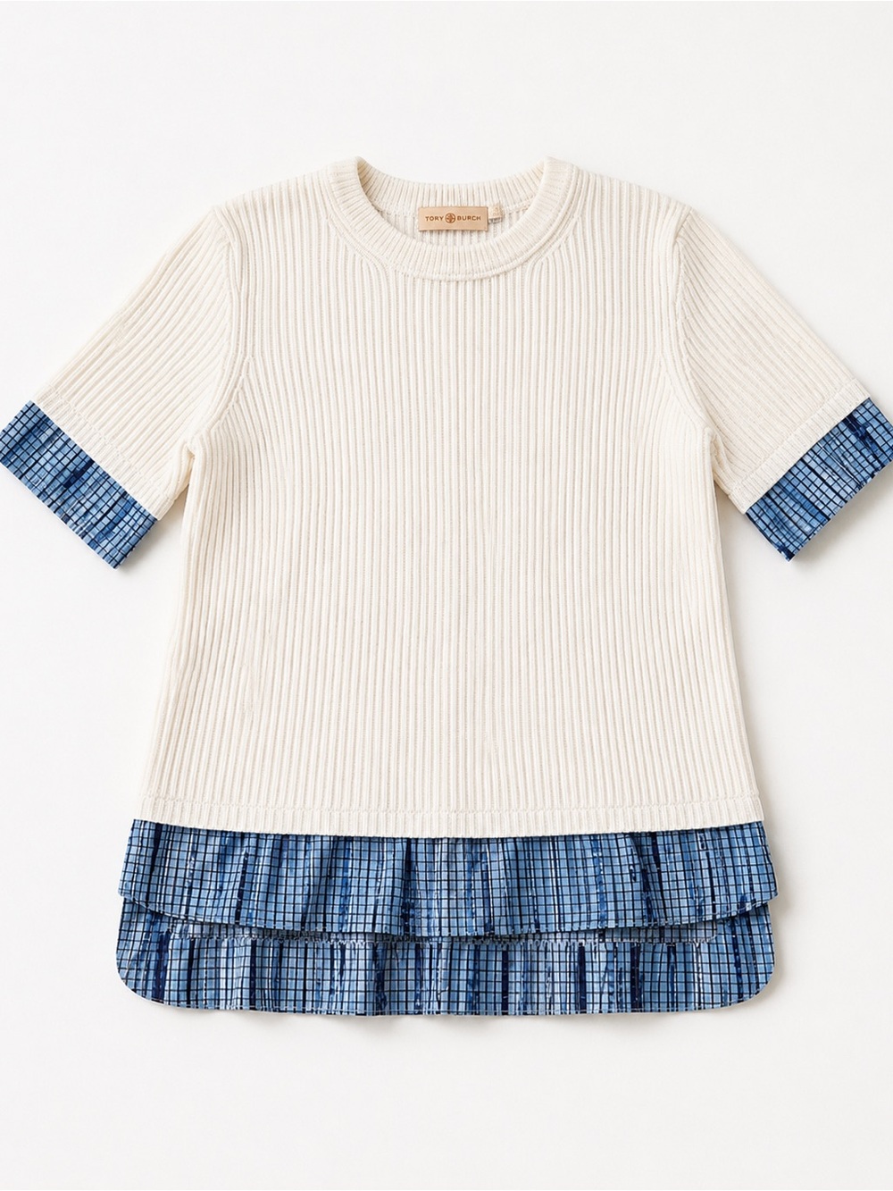 Tory Burch Layered Rib Knit Short Sleeve Top Blue White Plaid Hem Small